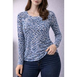 Kavio Burnout Camo Top Womens L Blue Long Sleeve Sheer Camouflage Tee